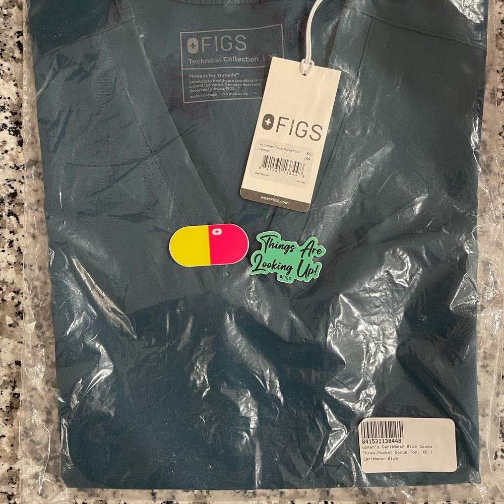 FIGS XS Casma carribbean blue scrub top with stickers